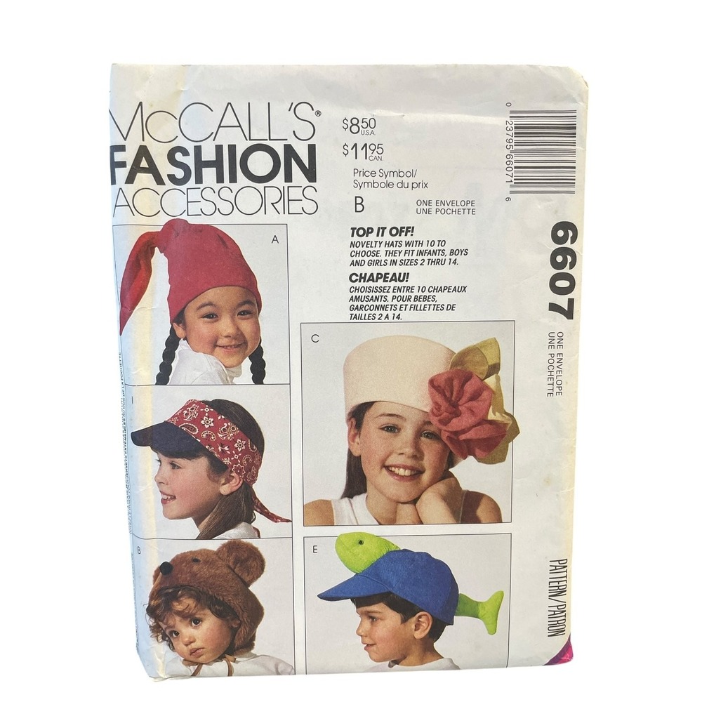 McCall's 6607 Novelty Hats Sewing Pattern Kids Teens 2-14 90s Uncut